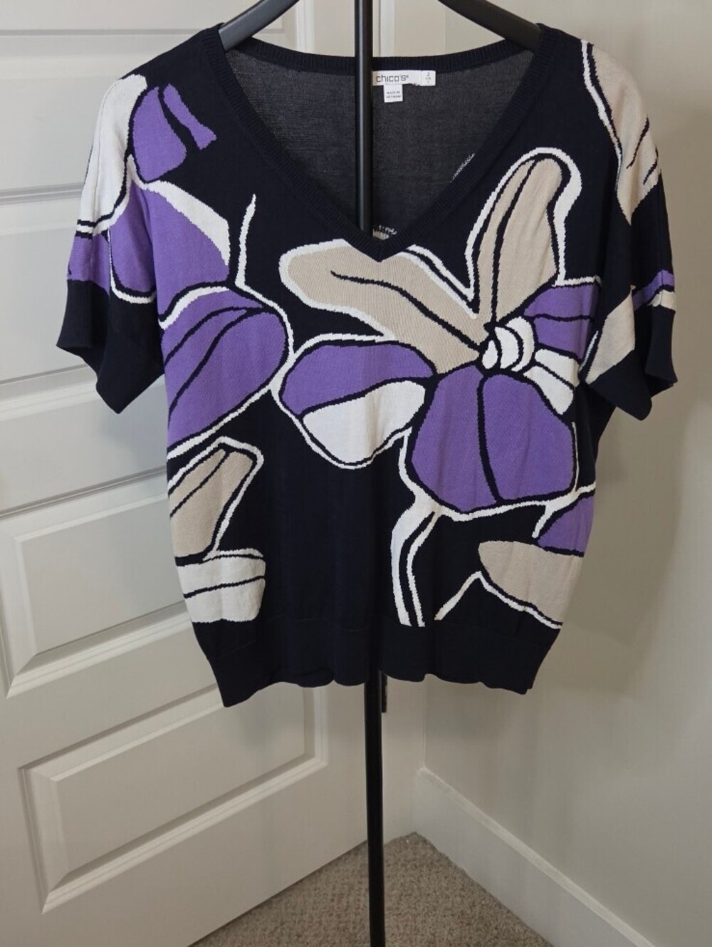 Chico's Floral Patterned V-Neck Pullover Sweater Size 2